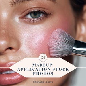 May include: Close-up of a person's face with makeup being applied. A makeup brush is applying pink blush to the cheek. The image includes the text "MAKEUP APPLICATION STOCK PHOTOS".