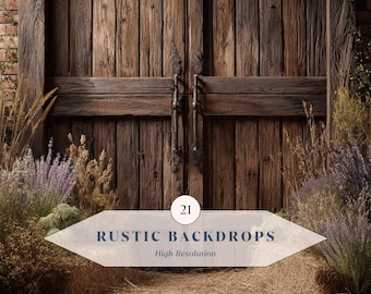 21 Rustic Backdrops – Weathered Wood Doors, Natural Florals & Warm Earthy Textures | Instant Download