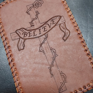 Engraved Leather Holy Cross Wall Decor | Believe hanging |Easter Holy Week