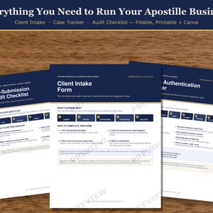 May include: A set of three dark blue and white business documents titled Everything You Need to Run Your Apostille Business, including a Pre-Submission Audit Checklist, a Client Intake Form, and an Authentication Tracker with fillable sections.