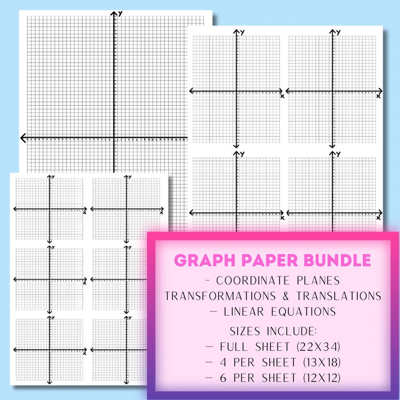 Graph Paper X Axis and Y Axis Printable 3 Different Sizes Coordinate Planes, Linear Equations
