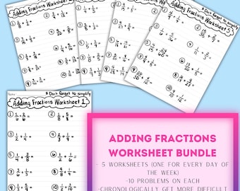 Adding Fractions 5 page Worksheet Bundle with Answer Keys