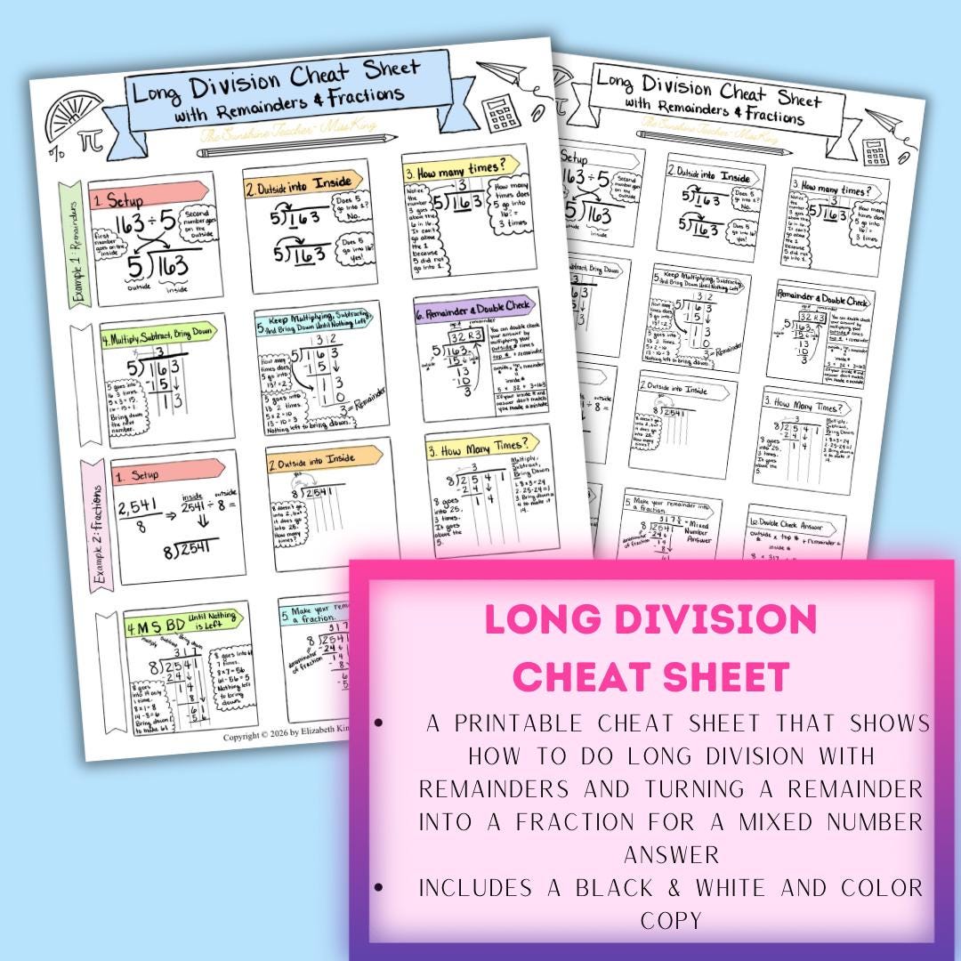 Long Division Cheat Sheet Math Resource Homeschool Math Curriculum for ...