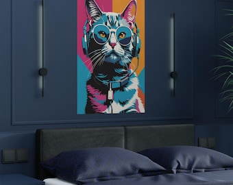Póster de gato genial: gafas de sol, auriculares y arte mural moderno.