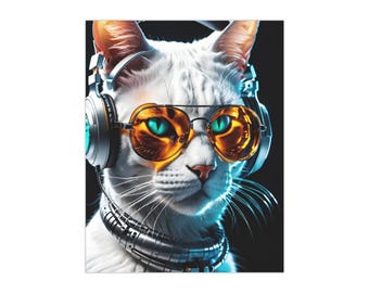 Póster retro de gato – Impresión artística de gafas de sol y auriculares