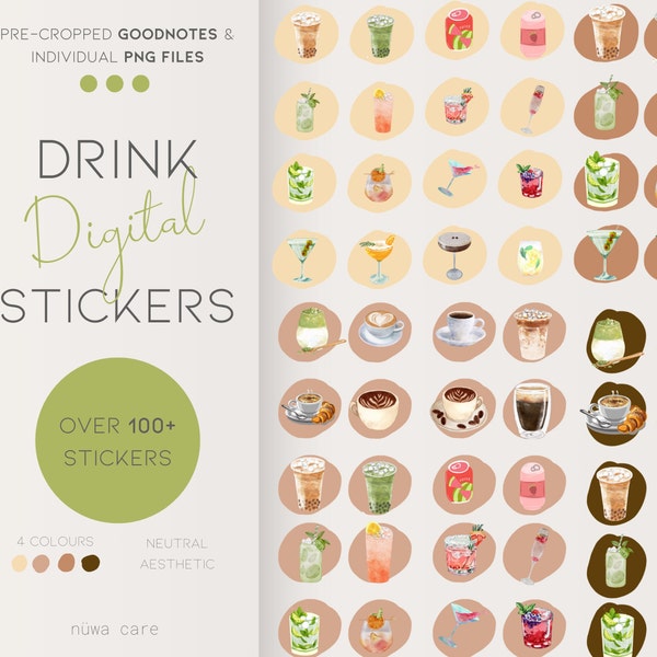 Drink Digital Stickers Pre cropped Digital Stickers Drink Planner stickers Pre-cropped Aesthetic Stickers Journal Stickers 100+