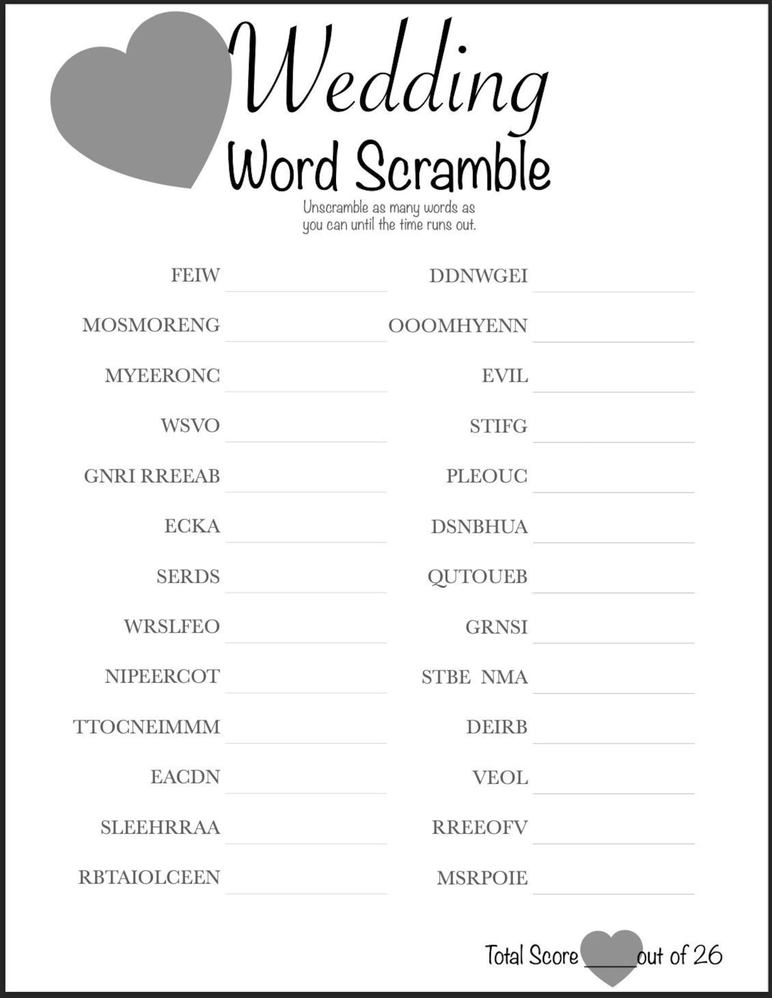 Shower Game - Wedding Word Scramble - Download/printable - Etsy