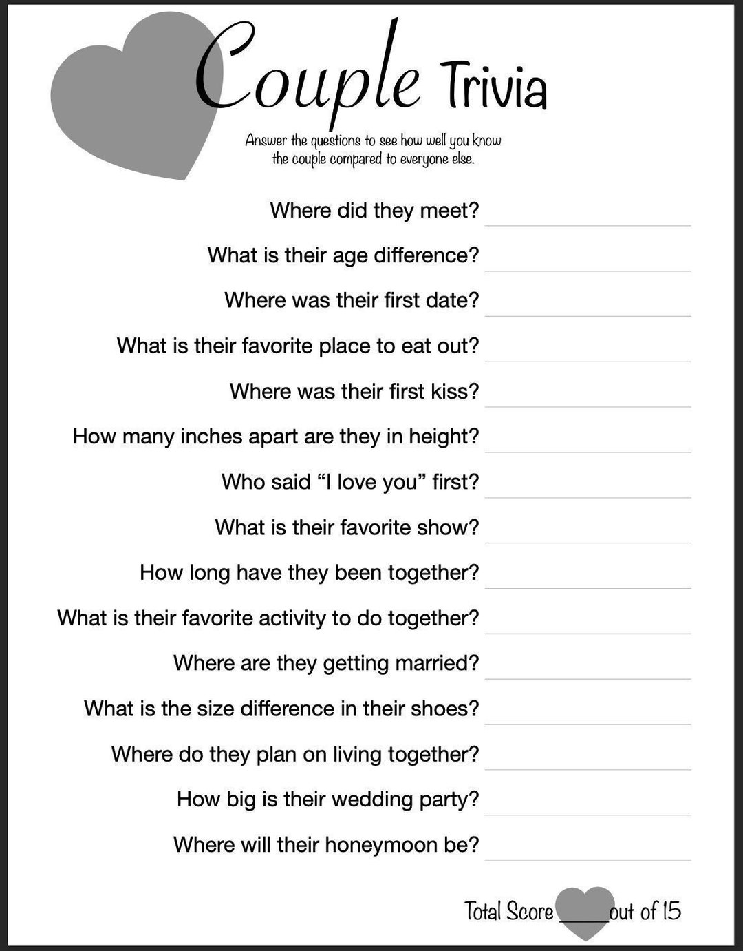 Bridal Shower Game Couple Trivia Digital Download/printable Etsy