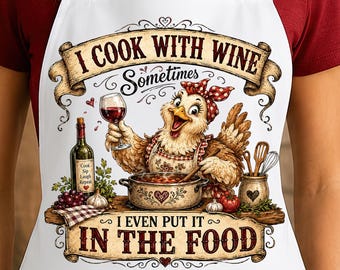 May include: A white apron featuring a graphic illustration of a chicken wearing a polka dot headscarf, holding a wine glass, and cooking at a stove. The text reads I COOK WITH WINE Sometimes I EVEN PUT IT IN THE FOOD, with images of wine, garlic, and herbs.