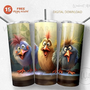Divertidos pájaros vaso envolver png, diseño de vaso de sublimación png para niños.  Animales divertidos. Descarga digital .