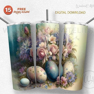 Easter sublimation tumbler wrap png, tumbler design png . Easter eggs and flowers. Digital download.