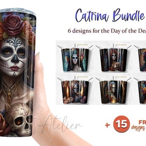 Könnte beinhalten: Ein Set mit sechs digitalen Designs, die eine Catrina zeigen, eine traditionelle mexikanische Skelettfigur mit floralen Stirnbändern und Schädelmotiven. Die Designs sind perfekt für die Feier des Día de Muertos und beinhalten 15 kostenlose Designs.