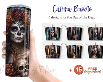 6 Day of the dead tumbler design png, Catrina sublimation tumbler wrap png. Empaqueter. Folklore mexicain. Téléchargement instantané .