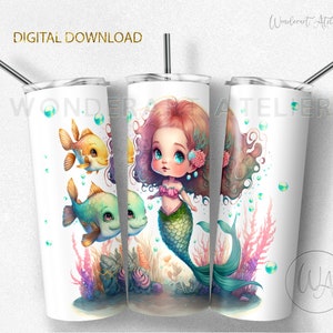 Design mignon de gobelet sirène, 20 oz d'emballage de gobelet skinny, modèle de gobelet - téléchargement numérique PNG.