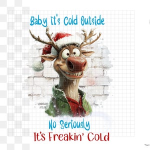 Op de afbeelding: Een cartoon rendier met een rode kerstmanmuts en een groen-rode sjaal, met de tekst "Baby it's Cold Outside" en "No Seriously It's Freakin' Cold" op een witte bakstenen achtergrond.