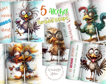 May include: Set of five colorful tumbler wraps featuring cartoon birds with humorous sayings about alcohol. The wraps are designed for 20 oz tumblers and feature a variety of designs, including a bird with a glass of wine, a bird with a confused expression, and a bird with a tongue sticking out. The wraps are perfect for adding a touch of humor to your everyday life.