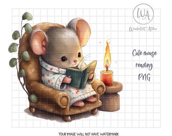 Watercolor Baby Mouse Clipart: Reading Book, Fantasy Design (PNG Digital Download)