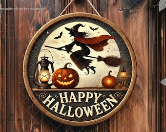 Halloween Witch Door Hanger PNG: Round Wreath Sign (Digital Download)