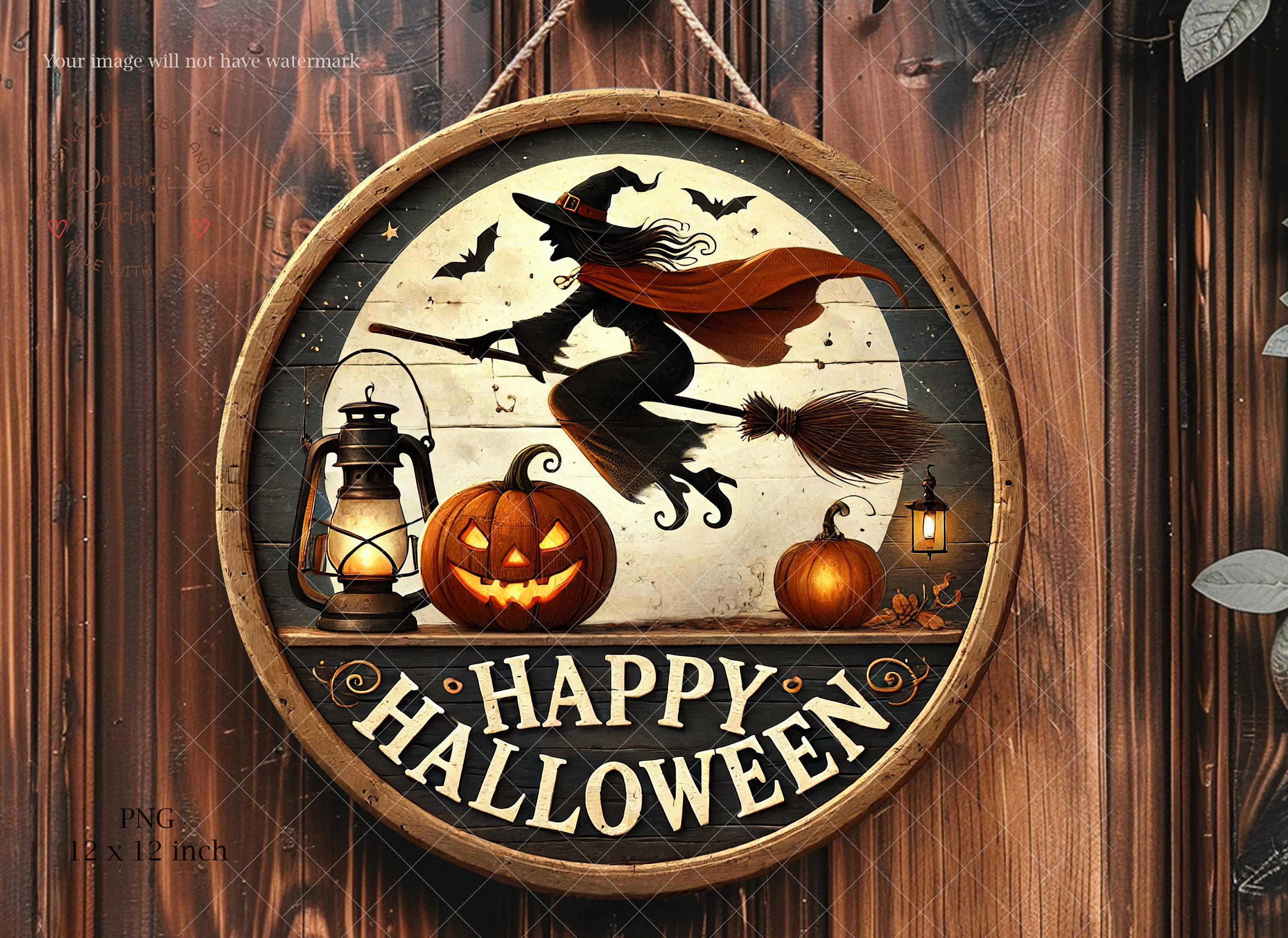 Halloween Witch Door Hanger PNG: Round Wreath Sign (digital Download ...
