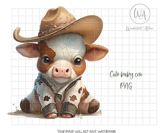 Cute baby cow clipart PNG. Watercolor. Animal farm graphic. Western.  Baby cow wearing cowboy hat. Instant download.