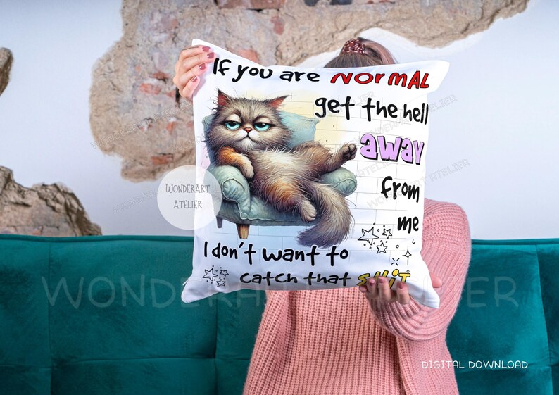 May include: White throw pillow with a grumpy cat illustration lounging on a small armchair. The pillow has text that reads "If you are normal get the hell away from me. I don't want to catch that shit."