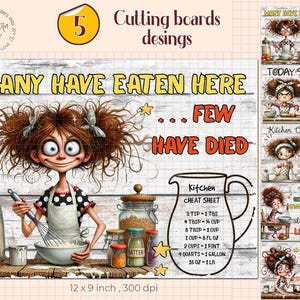 Funny Kitchen Cutting Board Bundle, 5 Sublimation Designs, Humorous Kitchen Wall Art PNG, Conversions, 12x9 Digital Download PNG