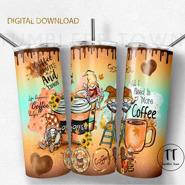 Funny coffee gnomes tumbler wrap. Seamless sublimation tumbler design png . Autumn. Fall. Instant download .