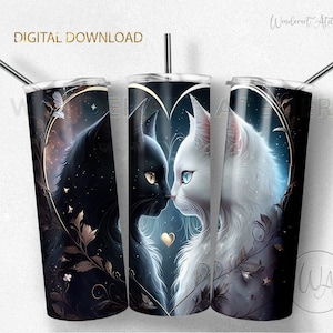 Cats tumbler design png, sublimation tumbler wrap png . Black and white cats in love, inside a heart. Saint Valentine. Seamless. Digital.