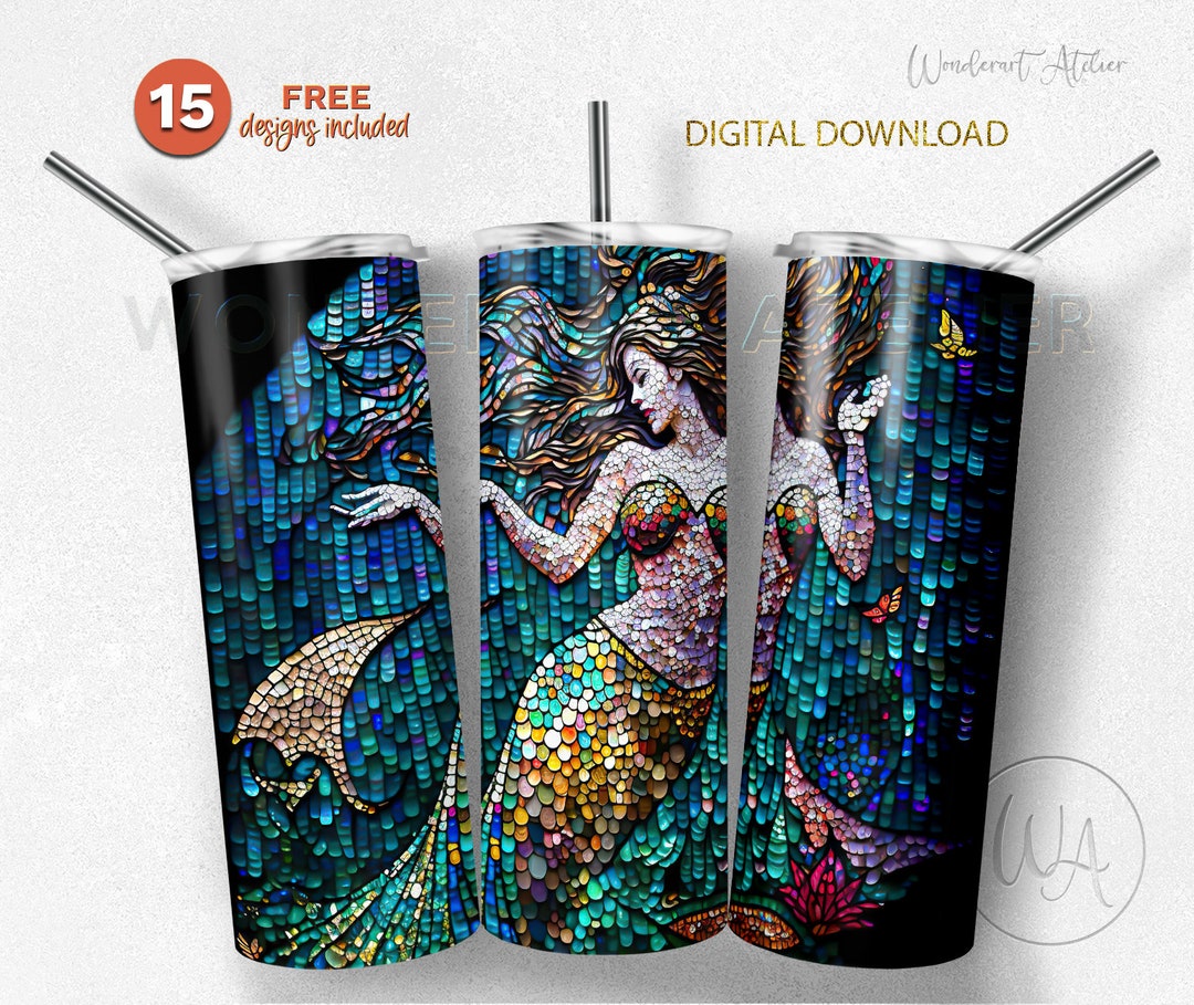 Stained Glass Mermaid Tumbler Design: Sublimation PNG Wrap (digital ...