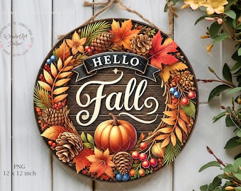 Fall Door Hanger PNG: Autumn Wreath Sign, Round Decoration (Digital Download)