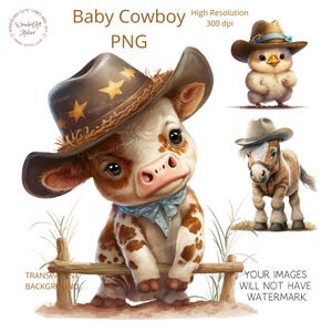 Lindos animales de granja de bebé vaquero clipart PNG. Vaca, cerdo, caballo, cordero y polluelo con sombreros de vaquero. Acuarela. Descarga instantánea.