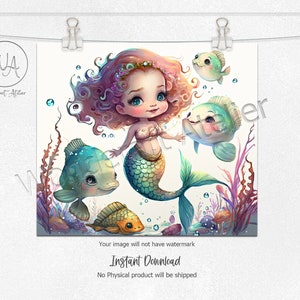 Mermaid sublimation tumbler design png, tumbler wrap png . Watercolor mermaid and fishes. Digital download.
