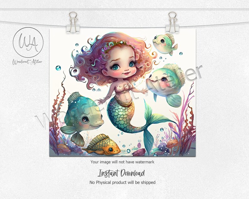 Mermaid sublimation tumbler design png, tumbler wrap png . Watercolor mermaid and fishes. Digital download.