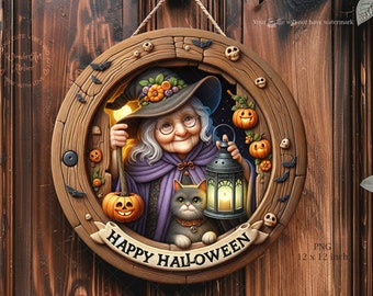 Halloween Witch Door Hanger PNG: Round Wreath Sign (Digital Download 12x12in