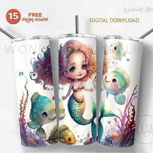 Mermaid sublimation tumbler design png, tumbler wrap png . Watercolor mermaid and fishes. Digital download.