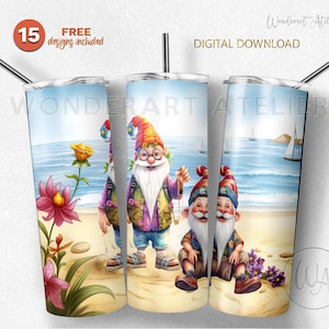 Beach gnomes tumbler wrap png, sublimation tumbler desing png. Zabawne hipisowskie gnomy. Pobieranie cyfrowe.