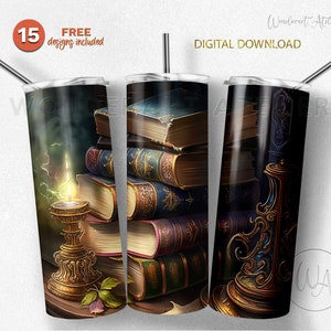 May include: A digital download of 15 designs for a tumbler featuring a stack of antique books, a candle, and a decorative element. The design is in a dark, moody style with gold accents.