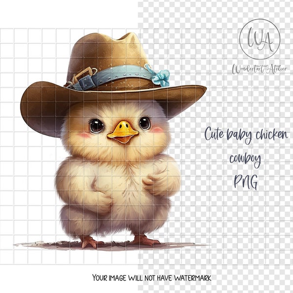 Cute baby chicken wearing cowboy hat. Clipart PNG. Watercolor. Animal farm graphic. Instant download.