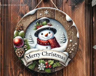 Christmas Snowman Door Hanger PNG: Round Wreath Sign (Digital Download)
