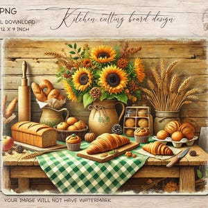 Può includere: Design digitale per tagliere da cucina. L'immagine presenta una natura morta rustica con girasoli, pane e pasticcini. Il tagliere misura 30.48 x 22.86 cm e ha un panno a scacchi verde e bianco.