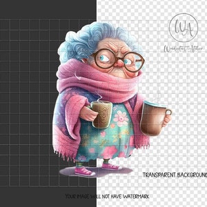 Grumpy Grandma With Coffee Png Clip Art, Funny Mom Clipart PNG ...