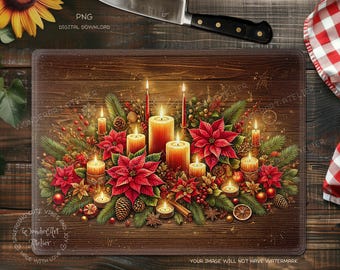 Festive Cutting Board Sublimation PNG - Candles & Poinsettias on Rustic Wood, Christmas Kitchen Decor