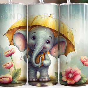 Baby elephant tumbler wrap png, sublimation tumbler desing png. Cute elephant with umbrella in the rain. Digital download