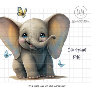 Carino cucciolo di elefante clipart PNG. Acquerello. Piccolo cucciolo di elefante che gioca con le farfalle. Download immediato.