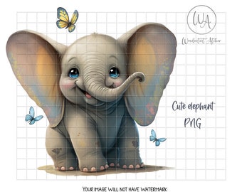 Watercolor Baby Elephant Clipart: PNG with Butterflies (Digital Download)