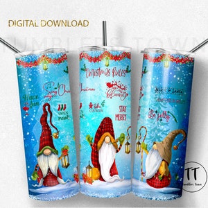 Envoltorio para vaso con reglas navideñas, diseño de vaso con sublimación de gnomos navideños png. Descarga instantánea.