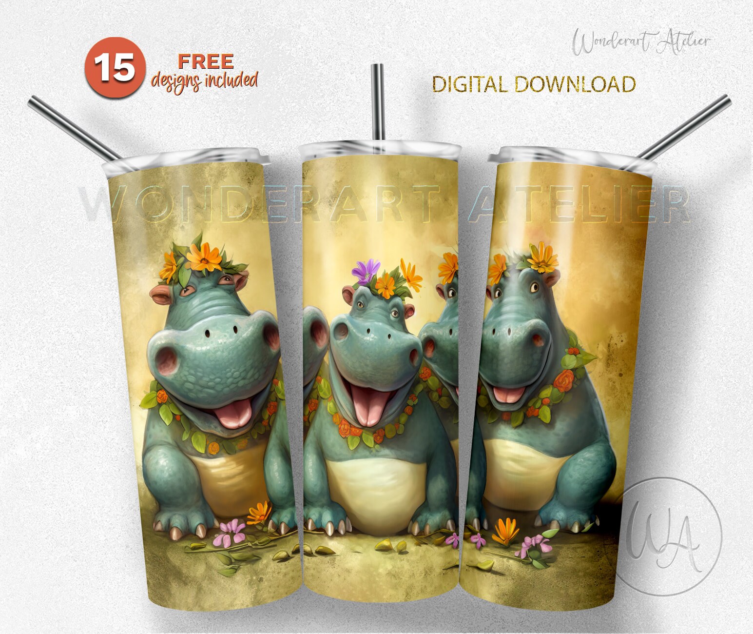 Baby Hippo tumbler png wrap, Watercolor Jungle Animal Sublimation Digital  Dow