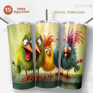 Envoltura de vaso con pájaros divertidos, diseño de vaso sublimado, PNG para niños. Animales felices. Descarga digital.