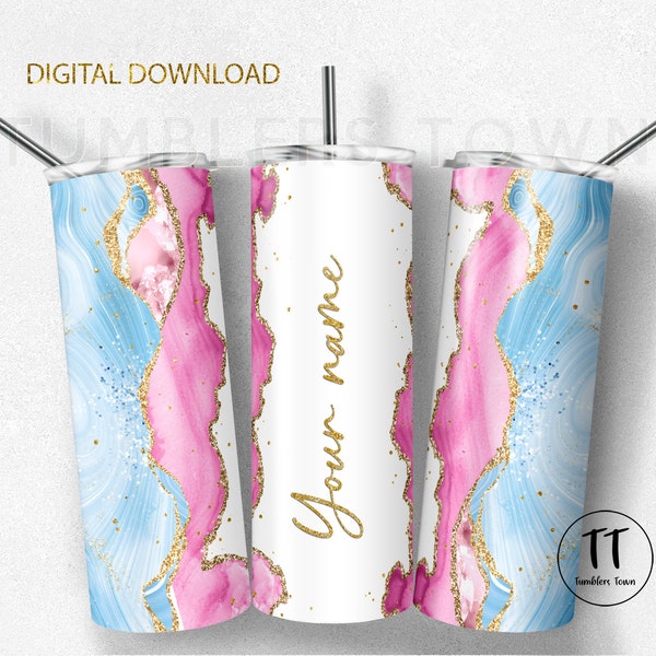 Personalize 20 oz Skinny Tumbler Sublimation Design PNG , Pink Blue Agate, Seamless. Digital Download. Instant Download