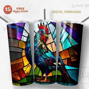 Stained glass chicken tumbler design png, sublimation tumbler wrap png . Farm design. Instant download .